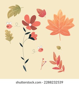 Hand drawn abstract set boho tropical leaf with color shape isolated on beige background. Vector flat illustration. Design for pattern, logo, posters, invitation, greeting card
