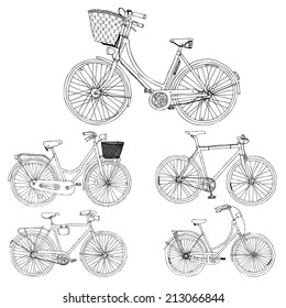 hand drawn abstract set with city bikes