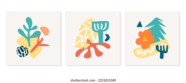 Hand drawn abstract set flora shape with color dots isolated on beige background. Vector flat illustration. Design for pattern, logo, posters, invitation, greeting card