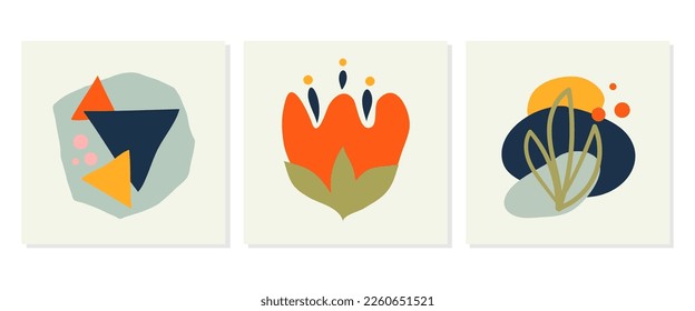 Hand drawn abstract set flora shape with color dots isolated on beige background. Vector flat illustration. Design for pattern, logo, posters, invitation, greeting card