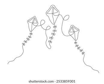 Hand drawn. abstract set of three flying kite,continuous one line art hand drawing sketch, logo
