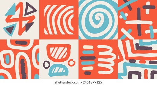 Hand drawn abstract shape, colorful and fun seamless pattern design. Useful for web background, poster art design, magazine front page, hi-tech print, cover artwork, etc.