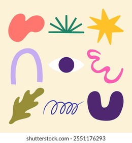 Hand drawn abstract shape decorative element. A collection of 9 unique hand drawn abstract shapes including organic forms, geometric patterns, and nature inspired elements for creative projects