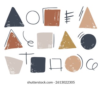 Coleção de formas abstratas desenhadas à mão. Triângulo, quadrado, círculo. Pinta traçados, estilo sujo. Textura grunge. 