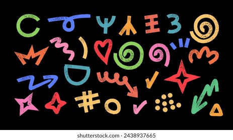 Hand drawn abstract shapes in doodle grange style. Colourful geometric elements. Brush stroke style.