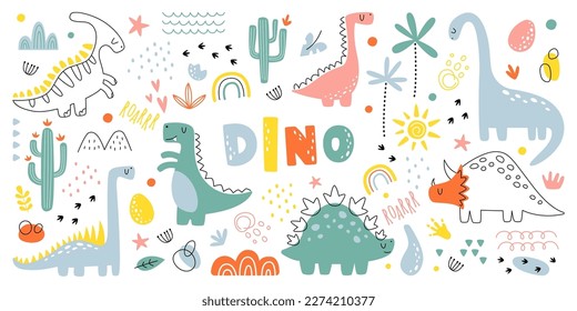 Hand drawn abstract shapes flat icons set. Minimalistic colorful dinosaur arts. Jurassic period. Rainbow, eggs, footprint and plants decor elements. Color isolated illustrations svg