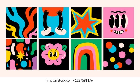 Hand drawn Abstract shapes, funny cute Comic characters. Set of eight Different colored Vector illustartions. Cartoon style. Flat design. All elements are isolated. Square Patterns, Posters, Template 