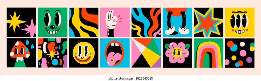 Handgezeichnete abstrakte Formen, lustige süße Comicfiguren. Große Reihe von verschiedenen farbigen Vektorgrafiken. Cartoon-Stil. Flaches Design. Alle Elemente sind isoliert. Quadratische Plakate, Logo-Vorlagen 