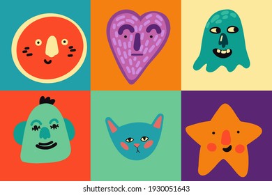Hand drawn Abstract shapes, funny cute Comic characters. Set of Different colored Vector illustrations. Cartoon style. Flat design.Posters, logo Templates, fashion design, textile