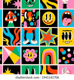 Hand drawn Abstract shapes, funny cute Comic characters. Big Set of Different colored Vector illustartions. Cartoon style. Flat design. Square logos. Seamless Pattern. Background, wallpaper