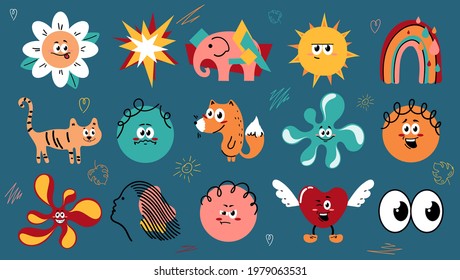 Hand drawn Abstract shapes, funny cute Comic characters. Different colorful characters. Cartoon style. Flat design. All elements are isolated. Square Patterns, Posters, Template
