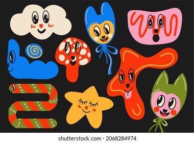 Hand drawn Abstract shapes, funny cute Comic characters. Big Set of Different colored Vector illustartions. Cartoon style. Flat design.