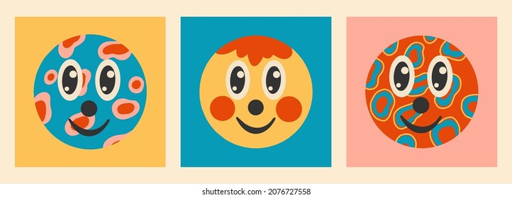 Hand drawn abstract shapes, funny cute comic characters. Set of multicolored vector illustrations. Cartoon style. Flat design.