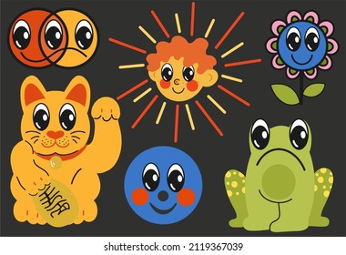 Hand drawn Abstract shapes, funny cute comic characters. Big set of multicolored vector illustrations. Cartoon style. Flat design.