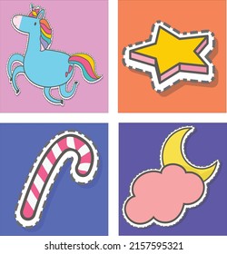 Hand drawn Abstract shapes, funny cute Comic characters. Big Set of Different colored Vector illustartions. Cartoon style. Flat design. All elements are isolated. Square Posters, logo Templates