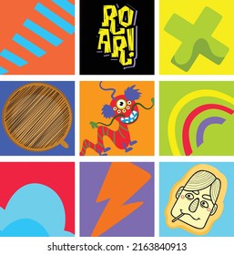 Hand drawn Abstract shapes, funny cute Comic characters. Big Set of Different colored Vector illustartions. Cartoon style. Flat design. All elements are isolated. Square Posters, logo Templates