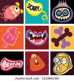 Hand drawn Abstract shapes, funny cute Comic characters. Big Set of Different colored Vector illustartions. Cartoon style. Flat design. All elements are isolated. Square Posters, logo Templates