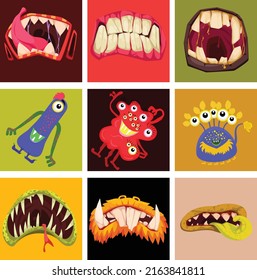 Hand drawn Abstract shapes, funny cute Comic characters. Big Set of Different colored Vector illustartions. Cartoon style. Flat design. All elements are isolated. Square Posters, logo Templates