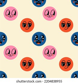 Hand drawn abstract shapes, funny cute comic characters, seamless pattern, ornament. Cartoon style. Flat design. Vector illustration.