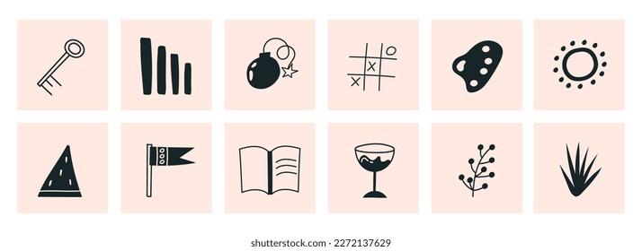 Dibujo mano Formas abstractas, graciosos personajes cómicos adorables. Ilustraciones de Big Set Vector. Estilo de caricatura. Estilo dibujado a mano con Doodle. Todos los elementos están aislados. Afiches cuadrados, plantillas de logotipo
