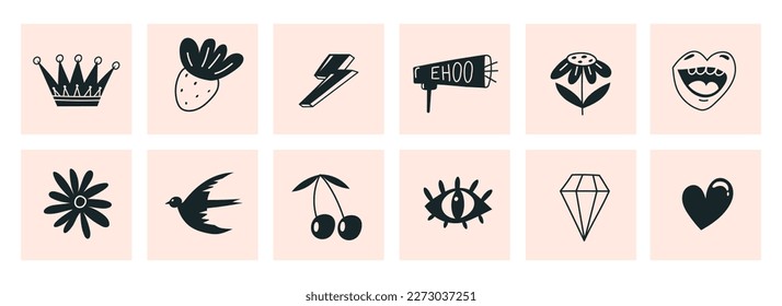 Hand drawn Abstract shapes, funny cute Comic characters. Big Set Vector illustartions. Cartoon style. Doodle hand drawn style. All elements are isolated. Square Posters, logo Templates