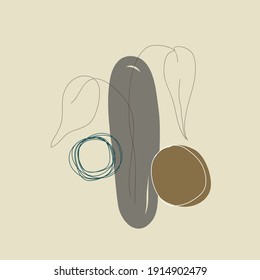 Hand drawn abstract shapes with lined plant for printing