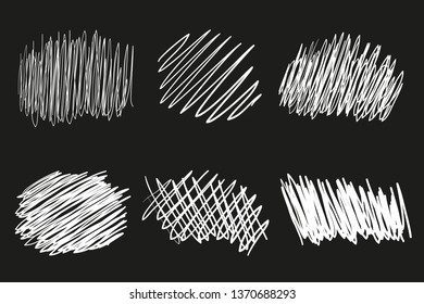 Hand drawn abstract shapes on black. Grungy backgrounds with array of lines. Stroke chaotic patterns. Black and white illustration. Sketchy elements for design