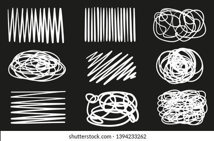 Hand drawn abstract shapes on black. Grungy hatching backgrounds with array of lines. Stroke chaotic patterns. Black and white illustration. Sketchy elements for design