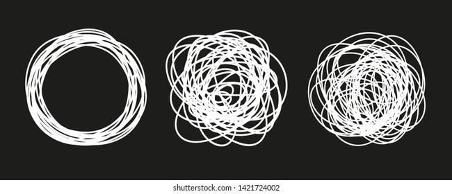 Hand drawn abstract shapes on black. Grungy hatching backgrounds with array of lines. Stroke chaotic patterns. Black and white illustration. Sketchy elements for design