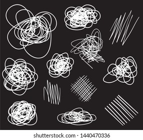 Hand drawn abstract shapes on black. Grungy hatching backgrounds with array of lines. Stroke chaotic patterns. Black and white illustration. Sketchy elements for design
