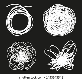 Hand drawn abstract shapes on black. Grungy hatching backgrounds with array of lines. Stroke chaotic patterns. Black and white illustration. Sketchy elements for design