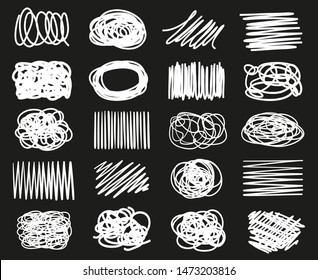 Hand drawn abstract shapes on black. Hatching backgrounds with array of lines. Stroke chaotic patterns. Black and white illustration