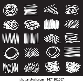 Hand drawn abstract shapes on black. Grungy hatching backgrounds with array of lines. Abstract samples. Black and white illustration