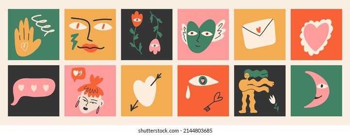 Hand drawn Abstract shapes, poster set. Vector illustrations, cartoon style, flat design. All elements are isolated. Square posters, logo templates.