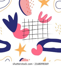 Handgezeichnet abstrakte Formen, nahtlose Muster, flache Vektorgrafik auf weißem Hintergrund. Trendfarbige Doodles mit Texturen. Linien, Kreise, Pflanzen und Sterne. Trendy geometrisches Muster.