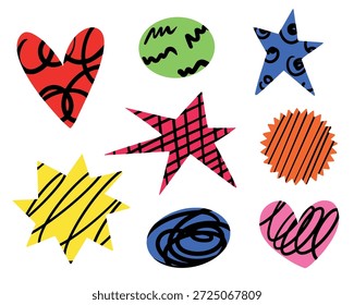 Formas abstractas dibujadas a mano con corazones, estrellas y círculos. Elementos de doodle coloridos en estilo plano audaz, Diseño gráfico juguetón para carteles, pegatinas, proyectos infantiles, diseños creativos y de marca