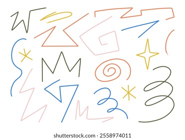 Hand Drawn Abstract Shapes Spirals Stars Design. A hand-drawn abstract shape and line, featuring zigzag, spirals, star, and curves, ideal for modern patterns, artistic designs, and unique compositions