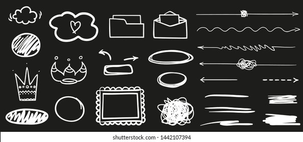 Hand drawn abstract signs and shapes on black. Grungy symbols with array of lines. Black and white illustration. Sketchy elements for design