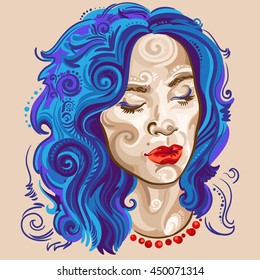 Hand drawn abstract sketch portrait of a woman with frizzy indigo hair and makeup.
