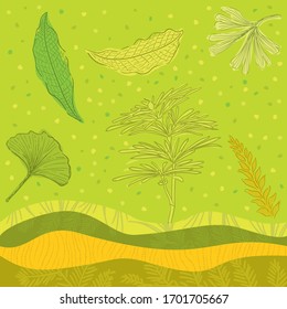 Hand drawn abstract sketch vector clipart illustration floral botanical set of prehistoric fossil plants, flowers, leaves, ginkgo biloba. Green, yellow, orange, natural pattern for textile, fabric