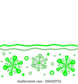 Hand drawn abstract snowflakes seamless. Template for cover, poster, t-shirt or fabric. Vector horizontal winter illustration in green colors with copy space (place for your text).