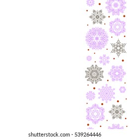 Hand drawn abstract snowflakes seamless. Template for cover, poster, t-shirt or fabric. Vector vertical winter illustration in orange and gray colors with copy space (place for your text).