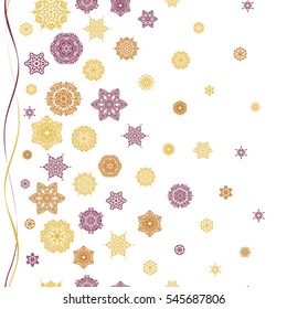 Hand drawn abstract snowflakes seamless. Template for cover, poster, t-shirt or fabric. Vector winter illustration in yellow, purple and orange colors.