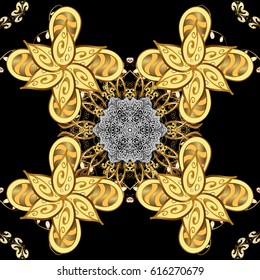 Hand drawn abstract snowflakes seamless. Template for cover, poster, t-shirt or fabric. Vector winter illustration in black colors with golden elements.