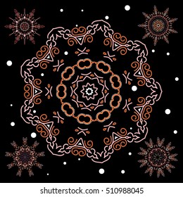 Hand drawn abstract snowflakes set. Template for cover, poster, t-shirt or fabric. Vector winter illustration in beige and brown colors.