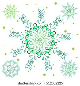 Hand drawn abstract snowflakes set. Template for cover, poster, t-shirt or fabric. Vector winter illustration in green colors.