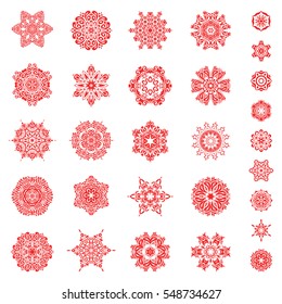 Hand drawn abstract snowflakes set. Template for cover, poster, t-shirt or fabric. Vector winter illustration in red colors.