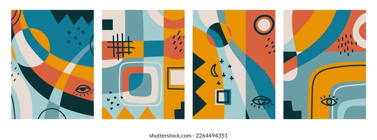 Fondos espaciales abstractos dibujados a mano con varias formas geométricas y objetos de doodle. Ilustración vectorial moderna y contemporánea en colores vivos