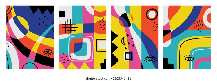 Hand drawn abstract space backgrounds with various geometric shapes and doodle objects. Contemporary modern trendy vector illustration in bright colors