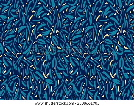 Hand drawn abstract spotted seamless pattern. Blue vector print with scattered abstract shapes, tiny drops, spots, circles, snowflakes. Random small forms ornamental texture
